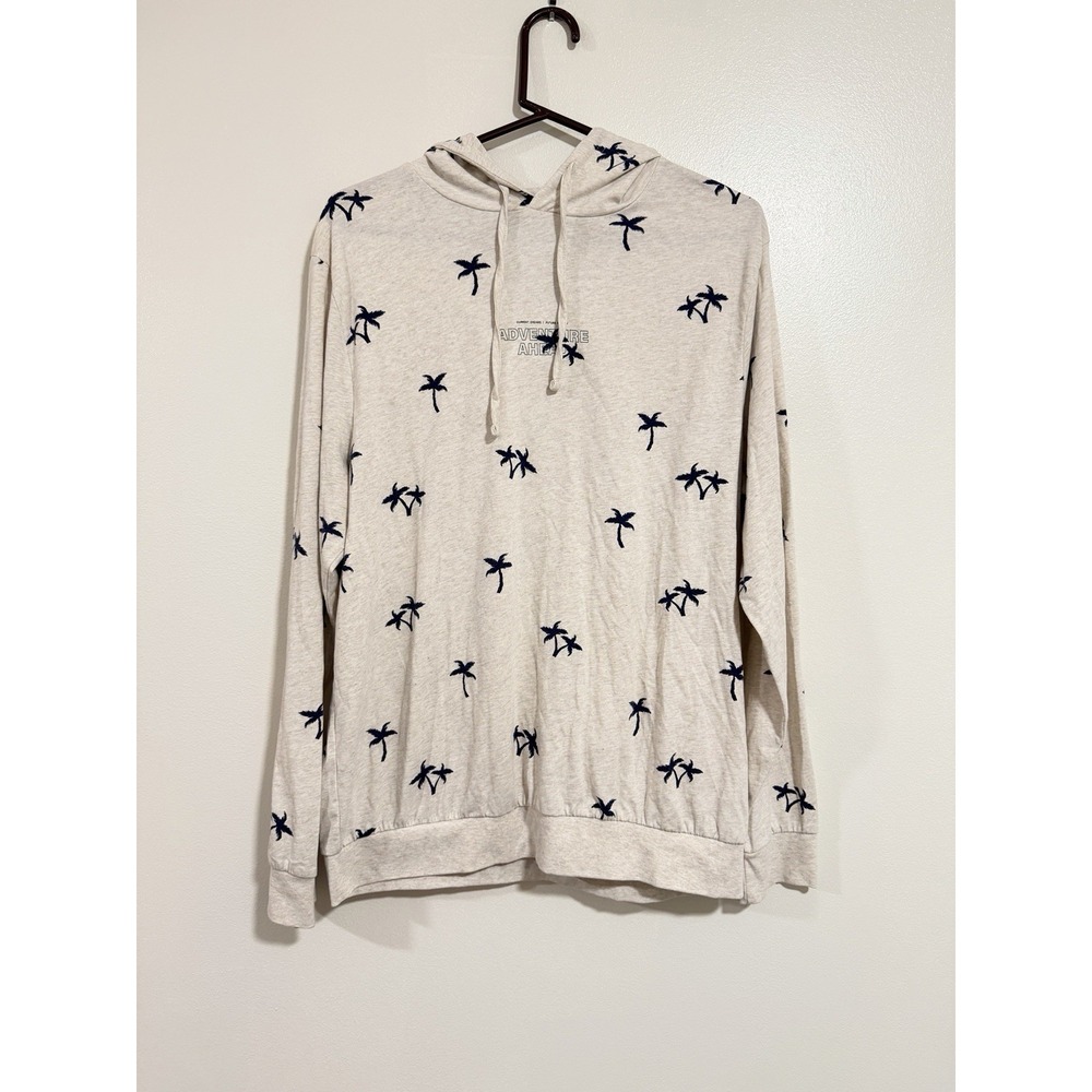 Denim & Flower Ricky Singh Mens XL Tan Navy Hoodie Palm Tree Print Cotton Beach